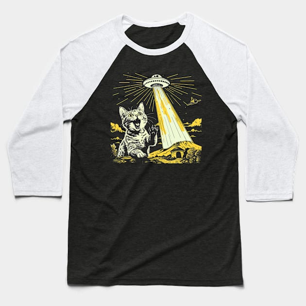 Shocked Cat and UFO Invasion Baseball T-Shirt by OscarVanHendrix